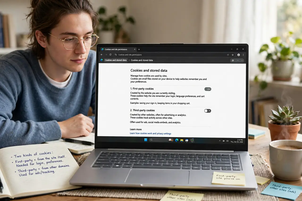 Photoreal photo of a person performing the first step: Understand the two kinds of cookies. First-party cookies come from the site you are visiting —