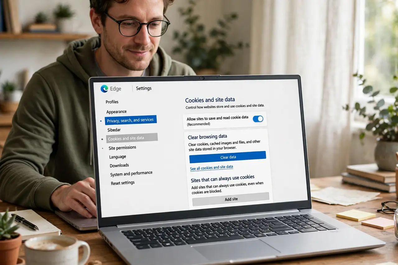 Photoreal photo: a person clicking through real browser settings showing a legible cookies and site data screen with a clear-data button, the person's face calm and focused, home desk. No black screen, no blank white screen, no fake o