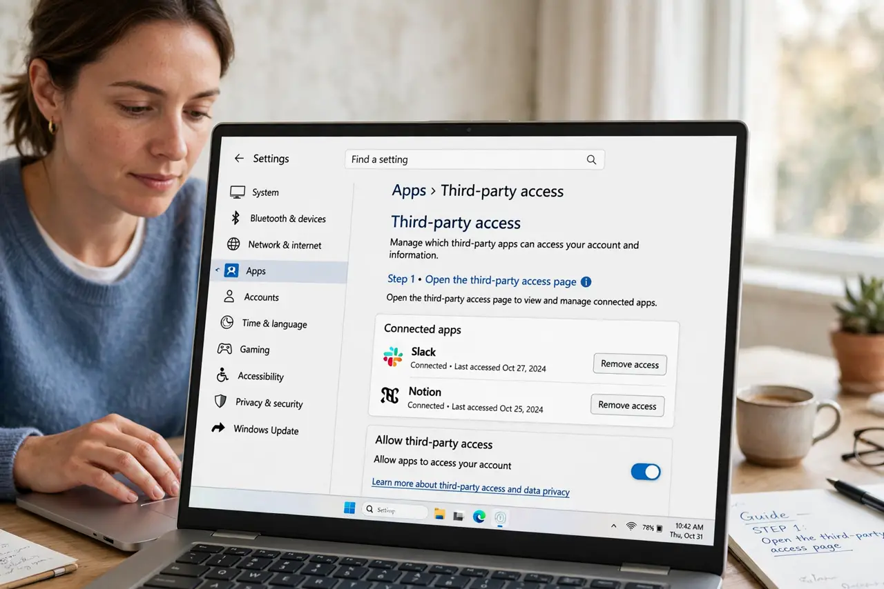 A person doing the guide's first step: Open the third-party access page.