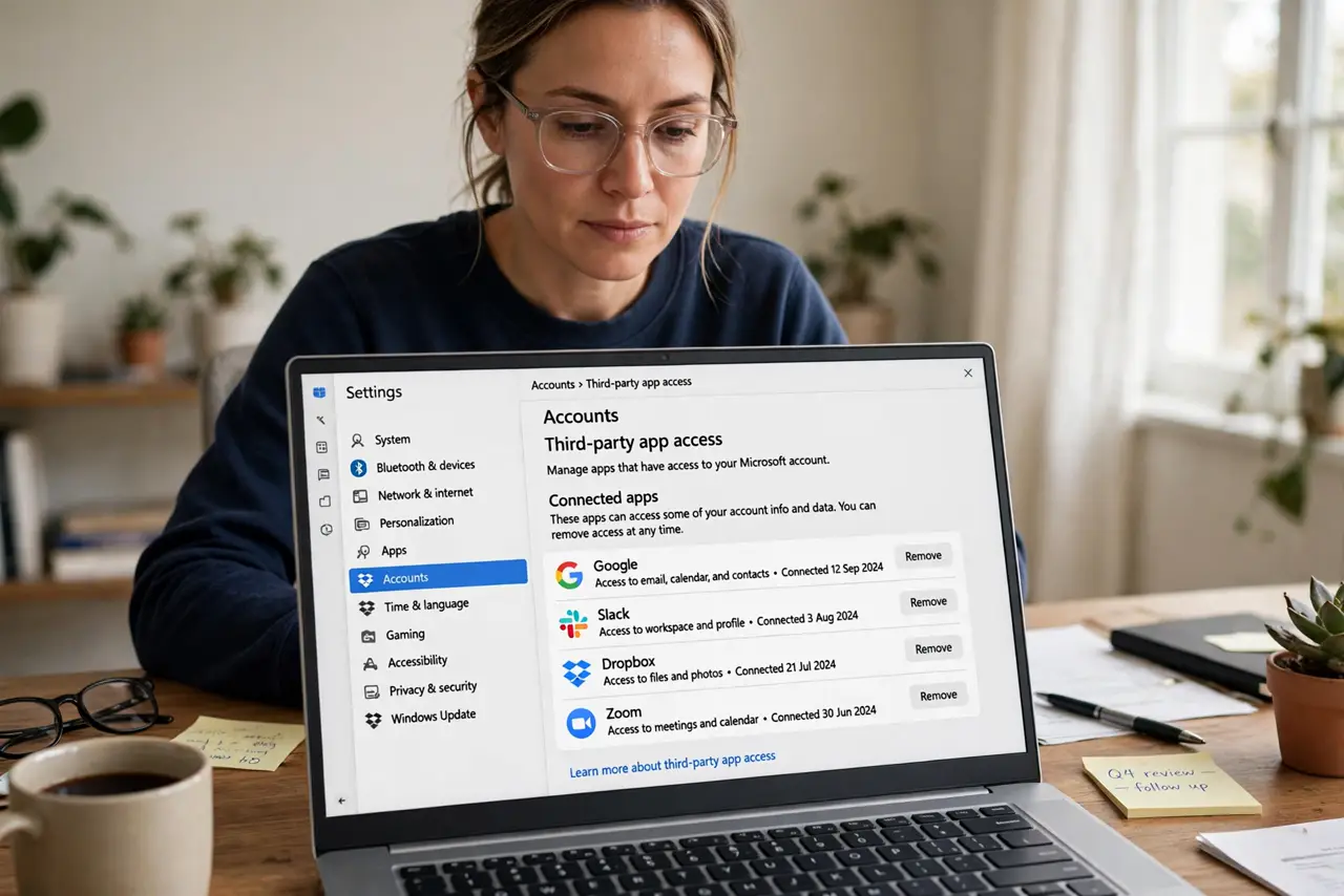 A person at a desk with a real laptop showing third-party app access settings with a legible list of connected apps, the person's face focused, home office.