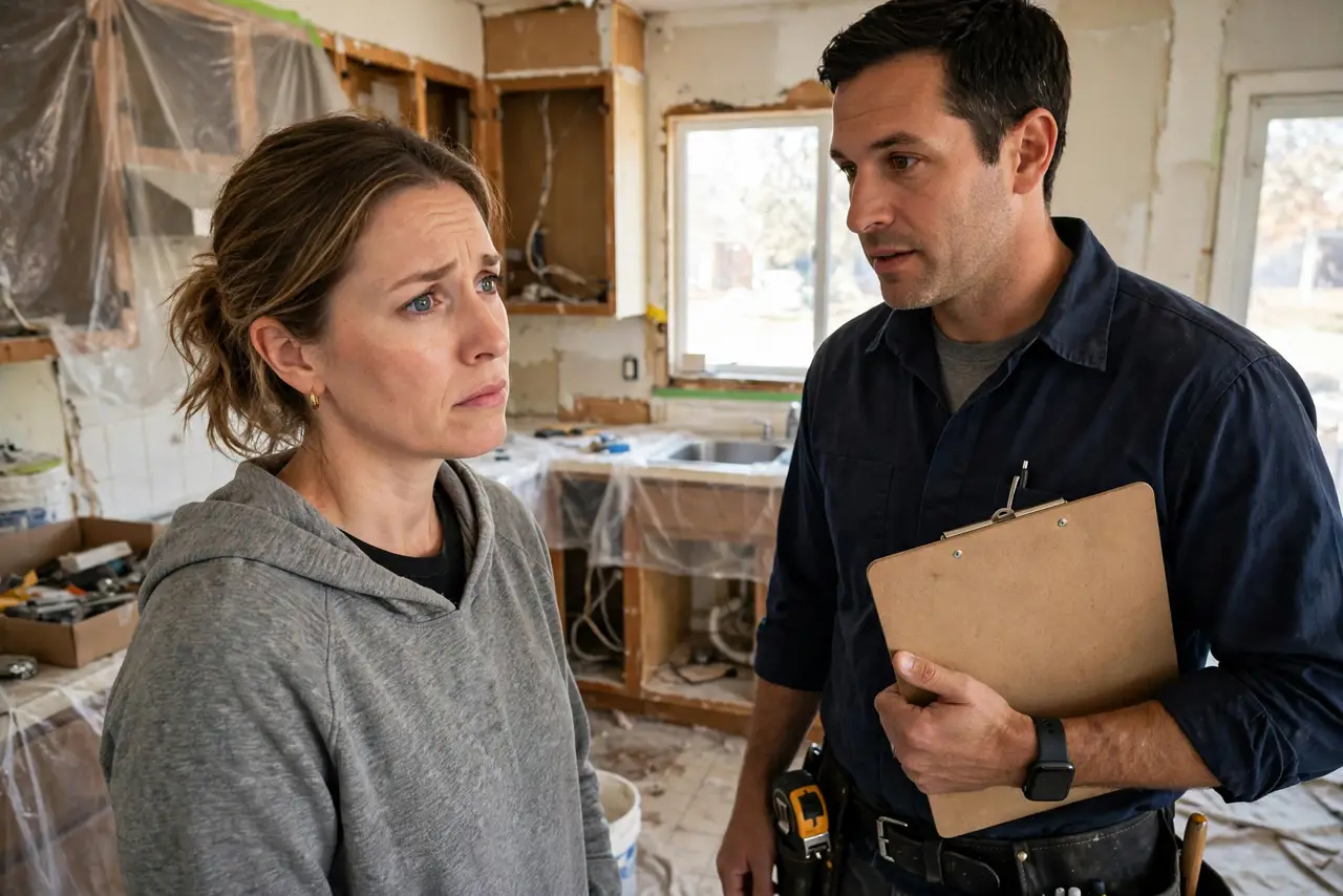 A homeowner standing in a half-renovated kitchen talking to a contractor holding a clipboard, the homeowner's face uncertain, home interior under renovation.