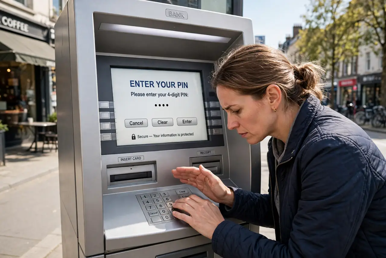 A person at a real ATM shielding the keypad with their free hand while typing the PIN, the ATM screen legible, the person's face focused, daytime street.