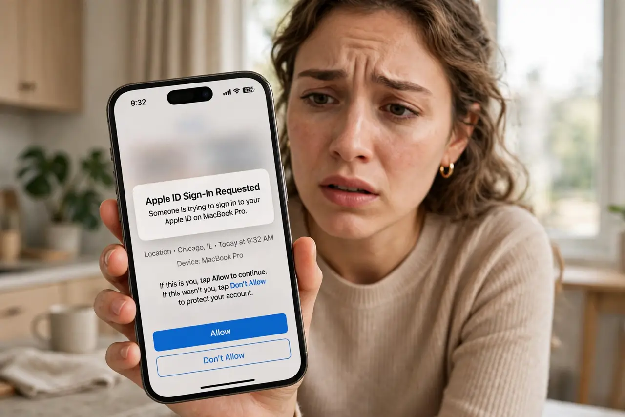 A worried person holding a real iPhone showing a login alert notification with legible text on screen, the person's face concerned, home interior.