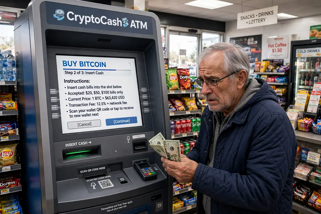 A worried older person standing at a real crypto ATM with its screen showing legible instructions, holding cash, the person's face anxious, convenience store interior.