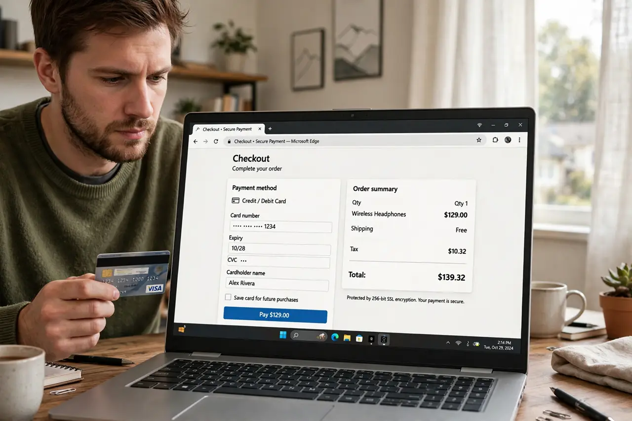 A person at a real laptop showing a legible online checkout page with card payment fields, holding a real credit card, the person's face thoughtful, home office.