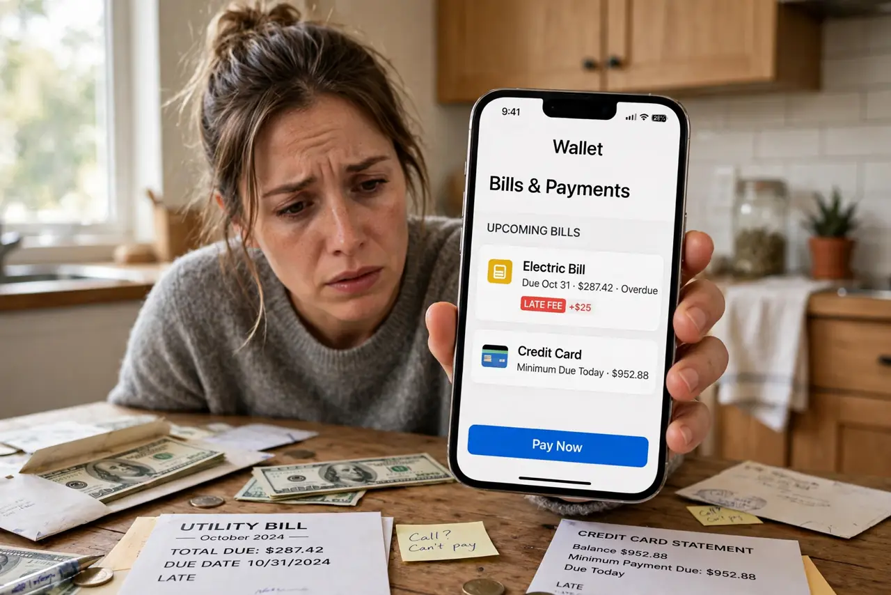 A stressed person at a kitchen table surrounded by bills and holding a real phone, the person's face worried, home kitchen.