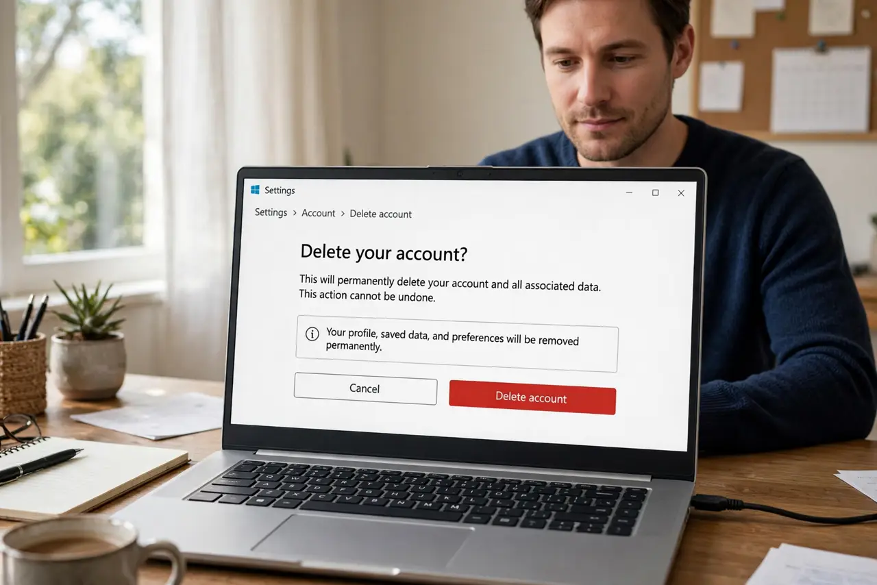 A person at a desk with a real laptop showing an account deletion confirmation screen with legible text, the person's face calm and decisive, home office.