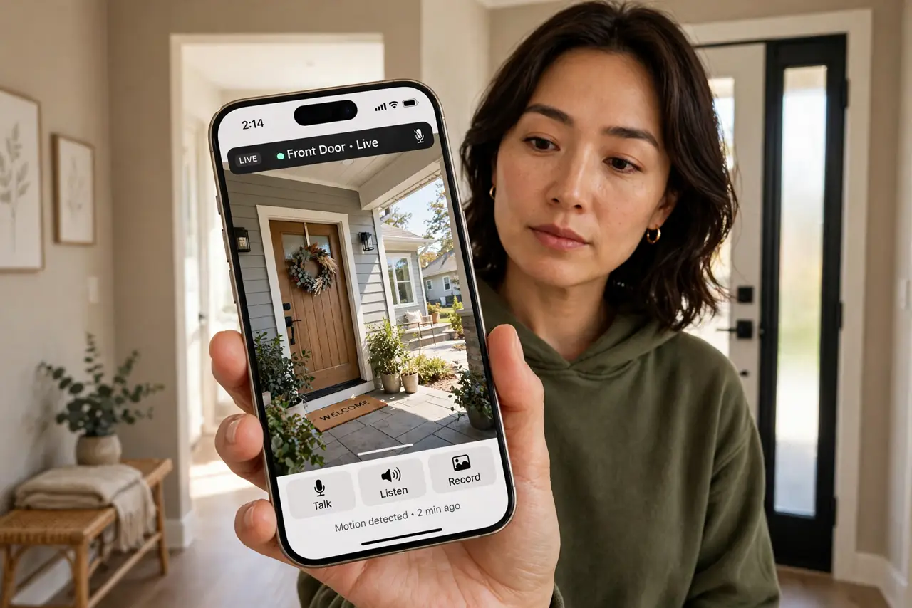 A person holding a phone showing a video doorbell live feed with the porch clearly visible, standing in a hallway, face thoughtful, front door in background.