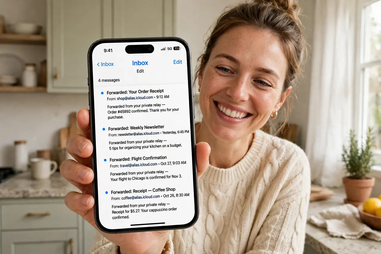 A person holding a real iPhone showing a legible email inbox with forwarded messages from alias addresses, the person's face pleased, home kitchen.