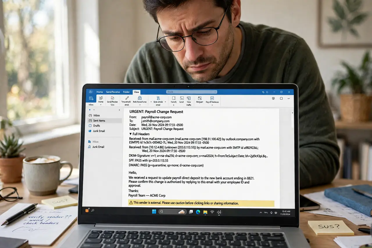 A concerned person looking at a real laptop showing an email with full headers expanded and legible routing lines, the person's face suspicious and focused,…