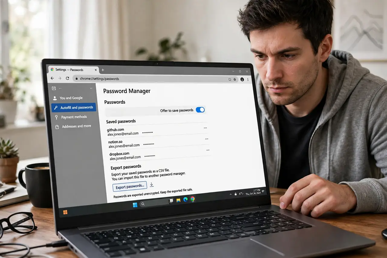 Photoreal photo of a person performing the first step: Find the export option. In Chrome or Edge: Settings, then Autofill and passwords, then Password