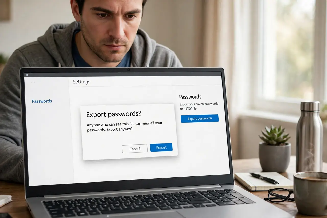 Photoreal photo: a person exporting passwords in real browser settings showing a legible export-passwords confirmation dialog, the person's face serious and careful, home desk. No black screen, no blank white screen, no fake or garble