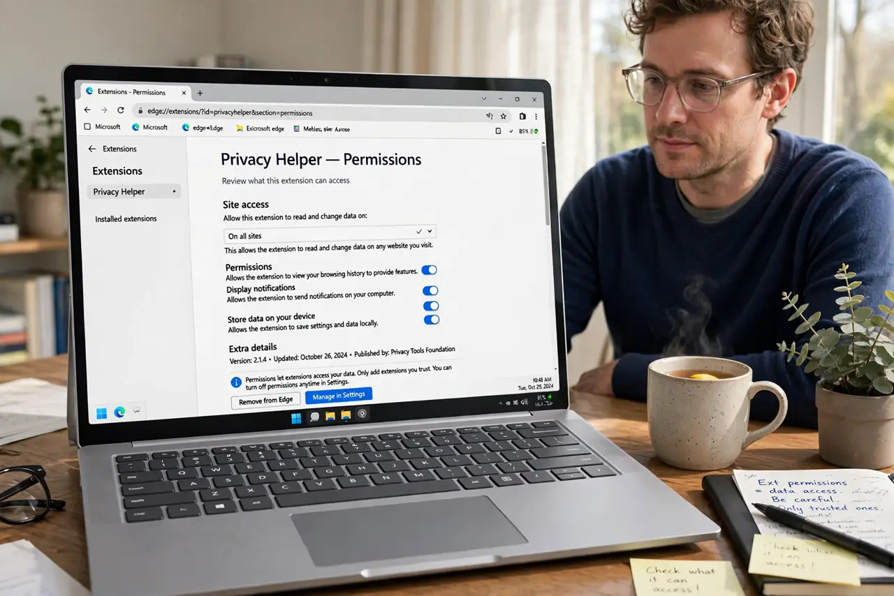 Photoreal photo of a person performing the first step: Understand what extensions can do. Extensions run inside your browser with the permissions you