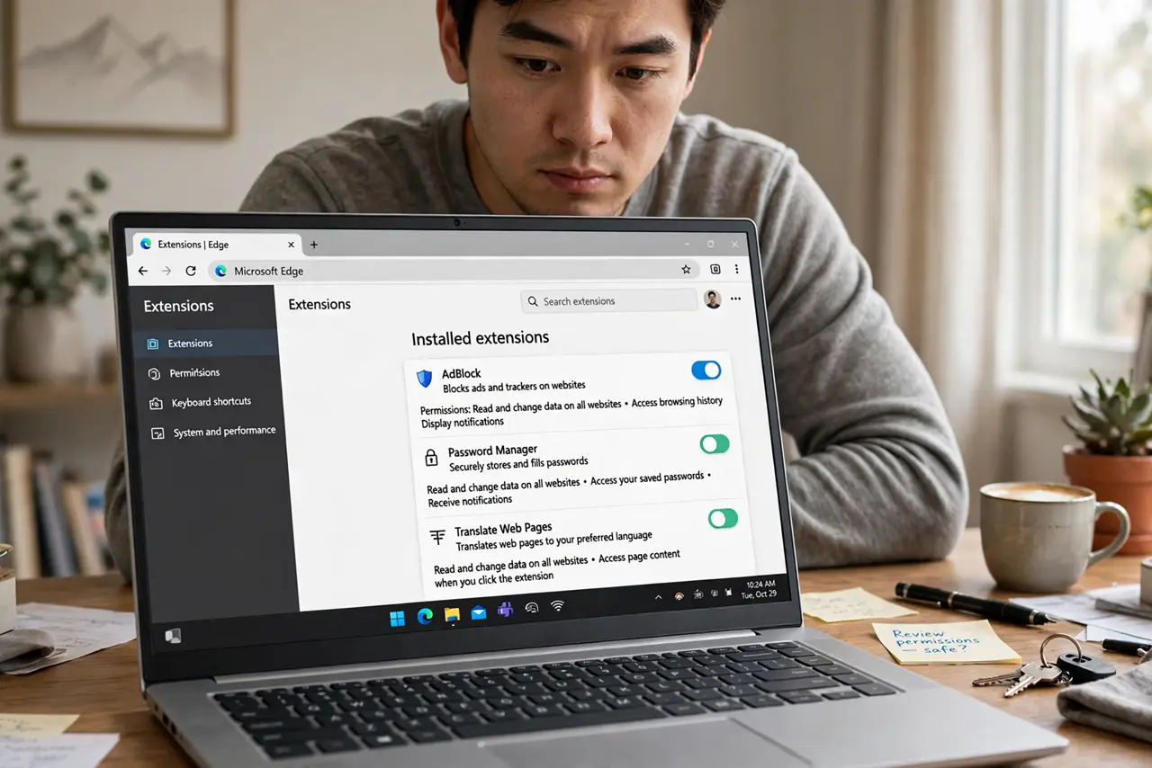 Photoreal photo: a person reviewing real browser extensions settings showing a legible list of installed extensions with permission details, the person's face cautious and focused, home desk. No black screen, no blank white screen, no