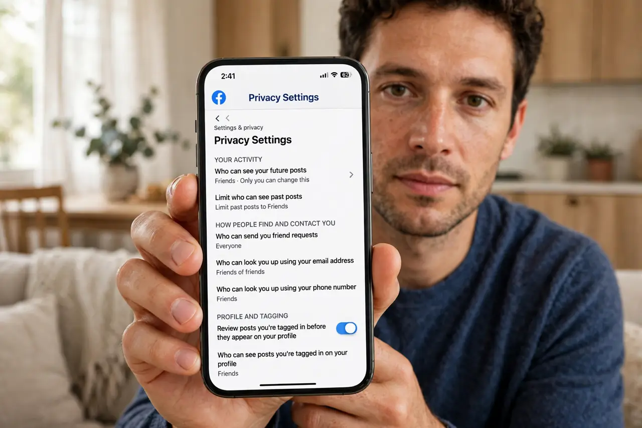 A person holding a real iPhone showing the Facebook privacy settings page with legible options, the person's face focused, home.