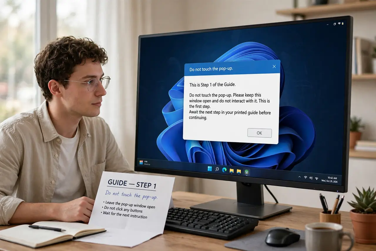 A person doing the guide's first step: Do not touch the pop-up.