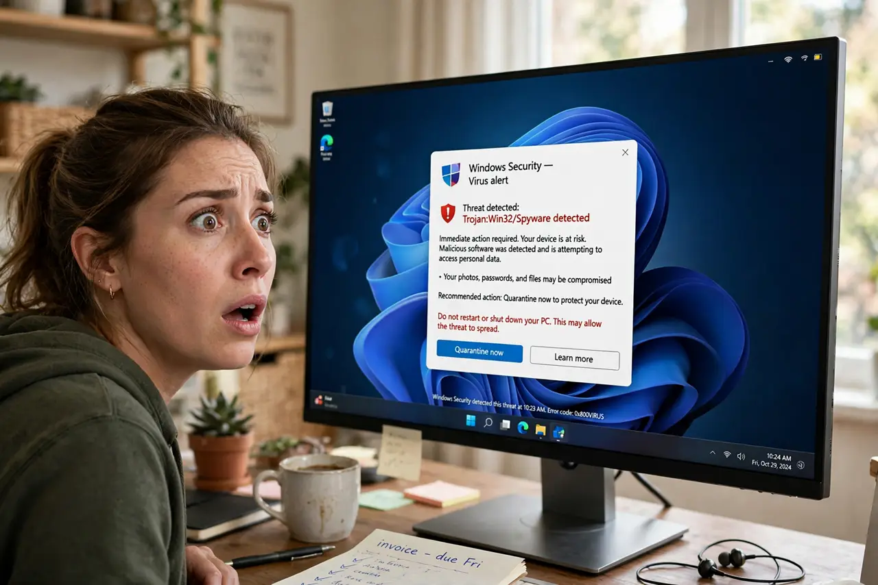 A startled person at a desk looking at a real monitor showing a fake virus warning pop-up with legible alarming text, the person's face alarmed, home office.