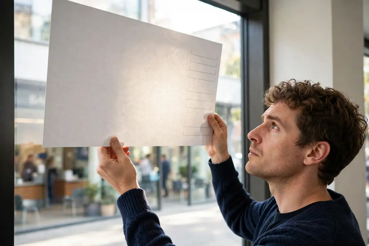 A person holding a real paper check up to the light near a window, examining it closely, a real bank branch visible through the window behind, the person's face focused, daytime.