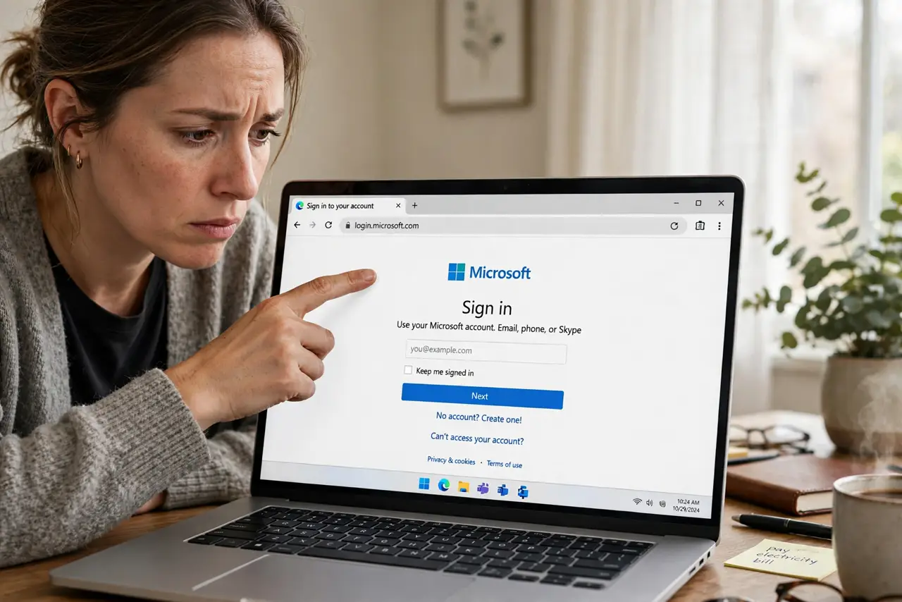 A suspicious person-free close view of a real laptop showing a login page with the browser address bar clearly legible and highlighted, a person's hand…