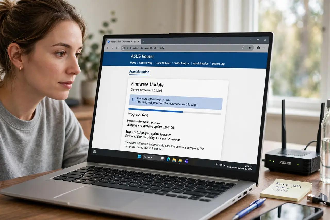 A person updating firmware on a real router's admin page on a real laptop, a progress bar with legible text on screen, the person's face careful and patient.