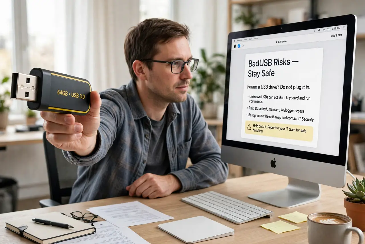 Photoreal photo of a person performing the first step: Understand why it is dangerous. A USB drive can be programmed to act as a keyboard the moment it is plugged in, typing malicious commands faster than ...