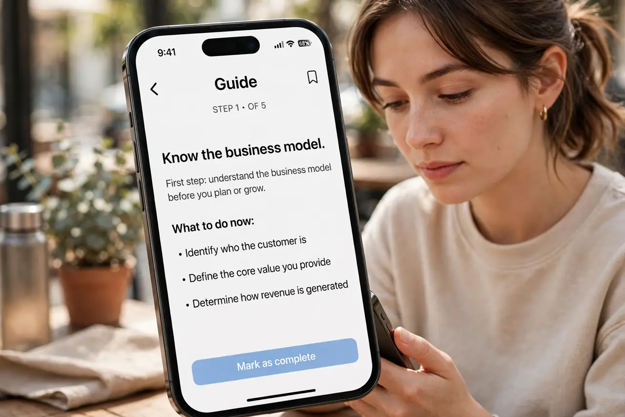 A person doing the guide's first step: Know the business model.