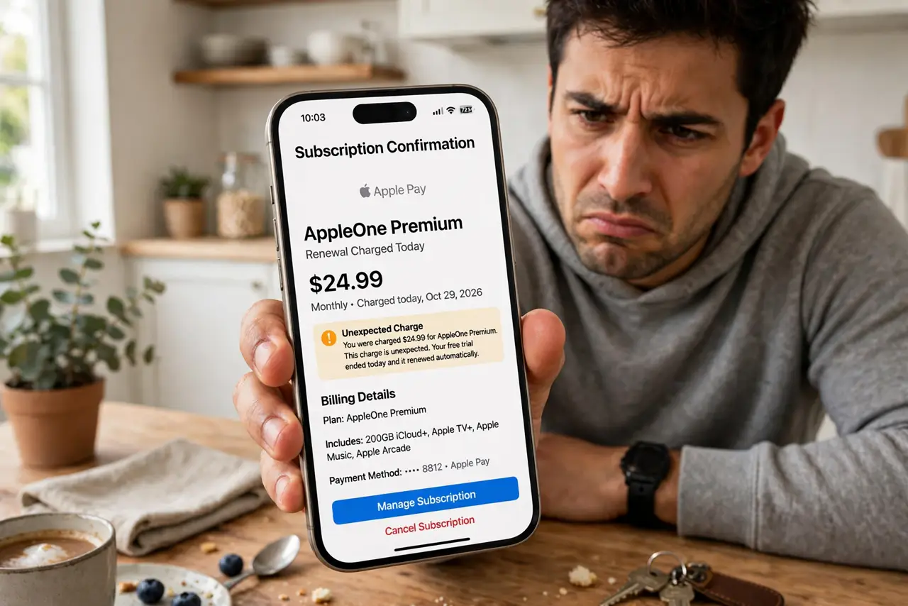 A person holding a real iPhone showing a legible app subscription confirmation screen with visible price text, the person's face annoyed at an unexpected charge, home kitchen table.