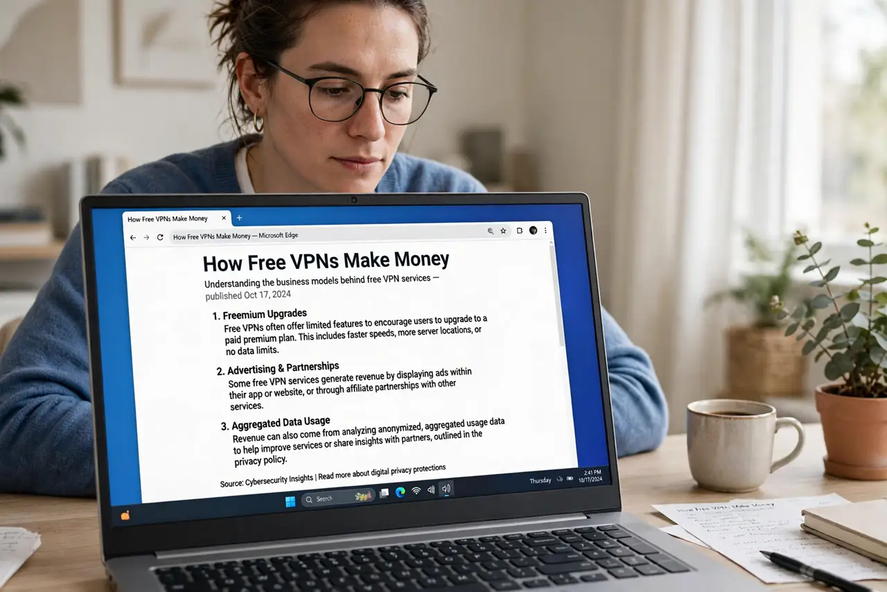 Photoreal photo of a person performing the first step: Follow the money. VPN servers, bandwidth, and staff cost real money monthly. A free VPN's revenue comes from somewhere — your data, your attention (ad...