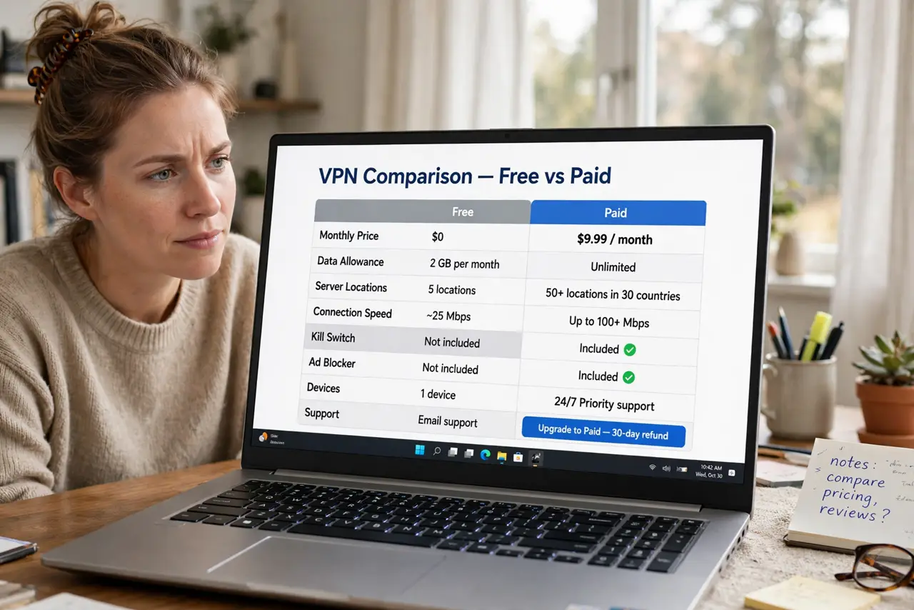 Photoreal photo: a person reading a real laptop screen showing a VPN app comparison with legible free-versus-paid details, the person's face skeptical, home office. No black screen, no blank white screen, no fake or garb