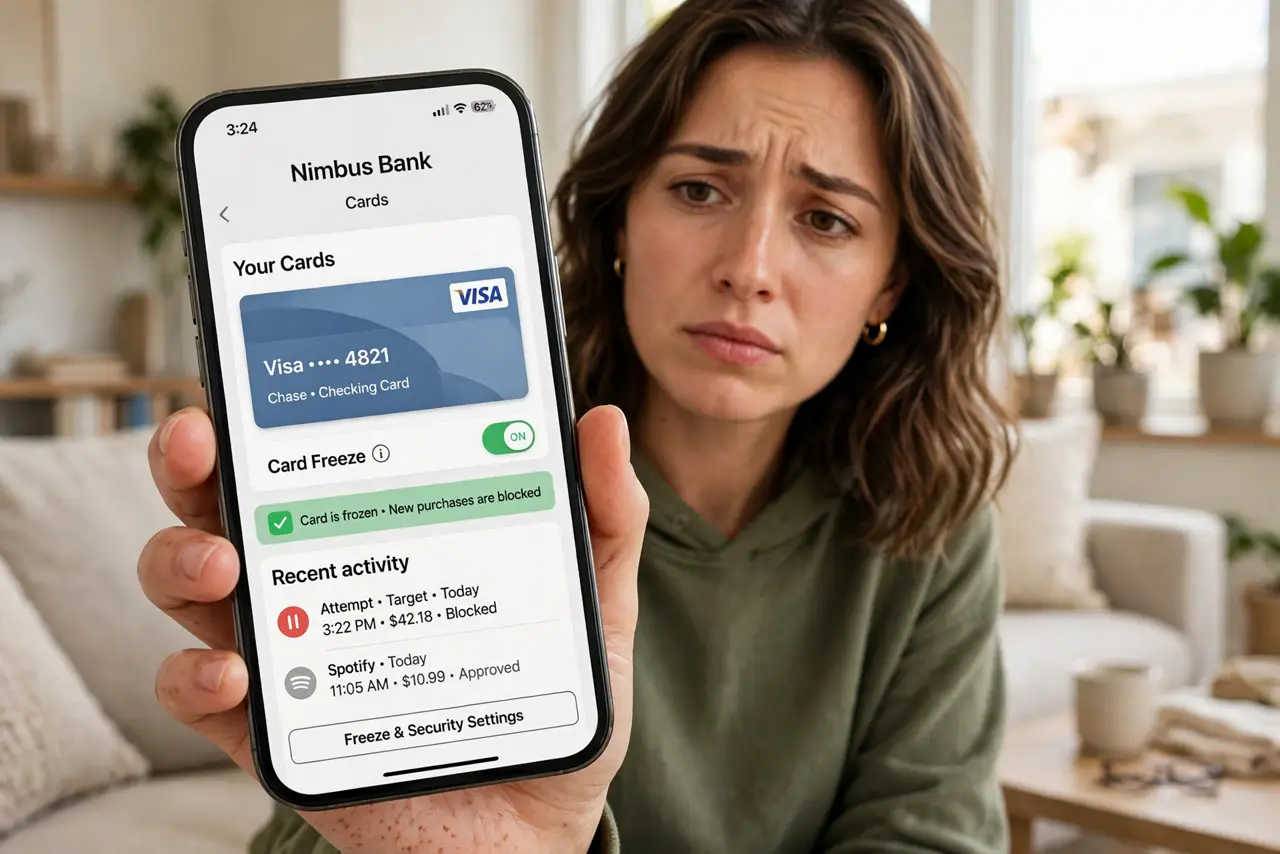 A person holding a real iPhone showing a legible banking app with a card freeze toggle switched on, looking worried but in control, home living room.