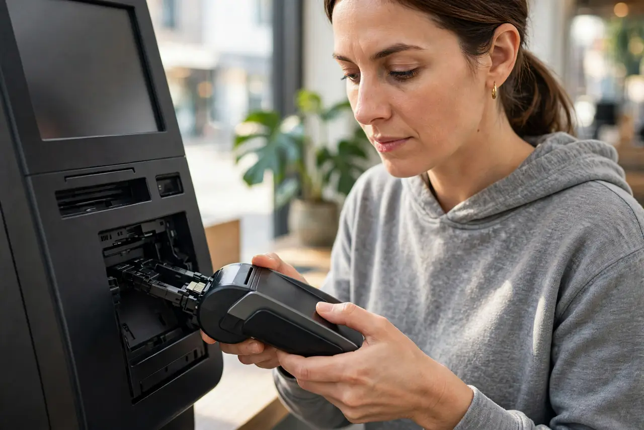 A person doing the guide's first step: Tug the card reader.