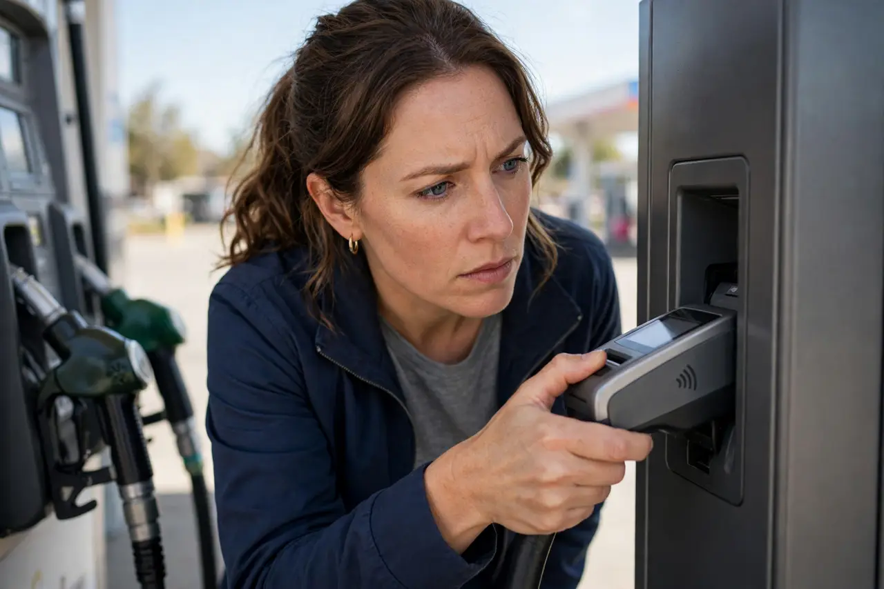 A person at a gas station tugging firmly on a real pump card reader with their hand, inspecting it closely, the person's face alert, daytime.