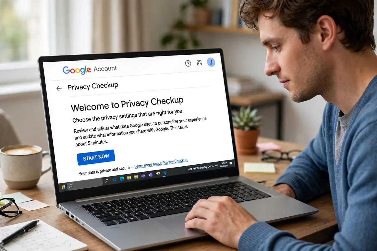 A person carrying out step one: open privacy checkup.