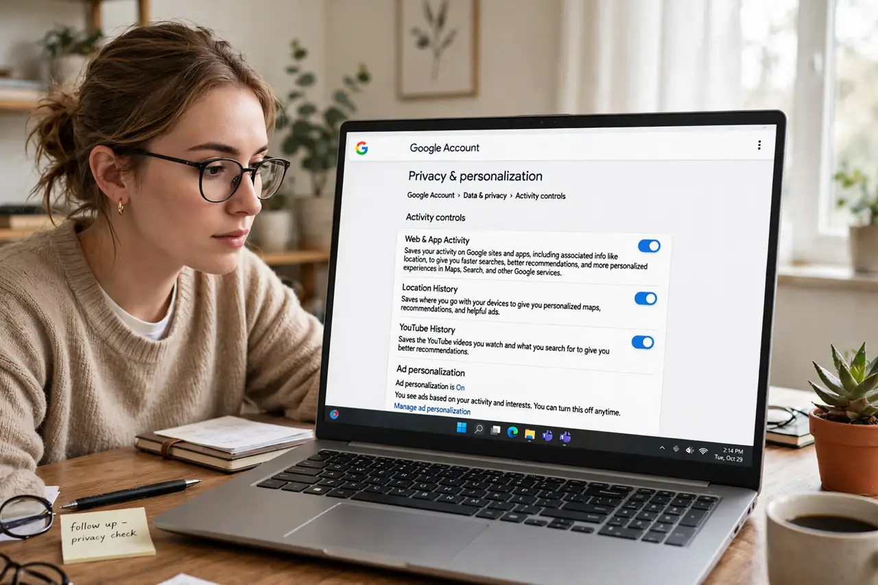 A person at a desk looking at a real laptop showing the Google account privacy settings page with legible toggles, the person's face focused, home office.