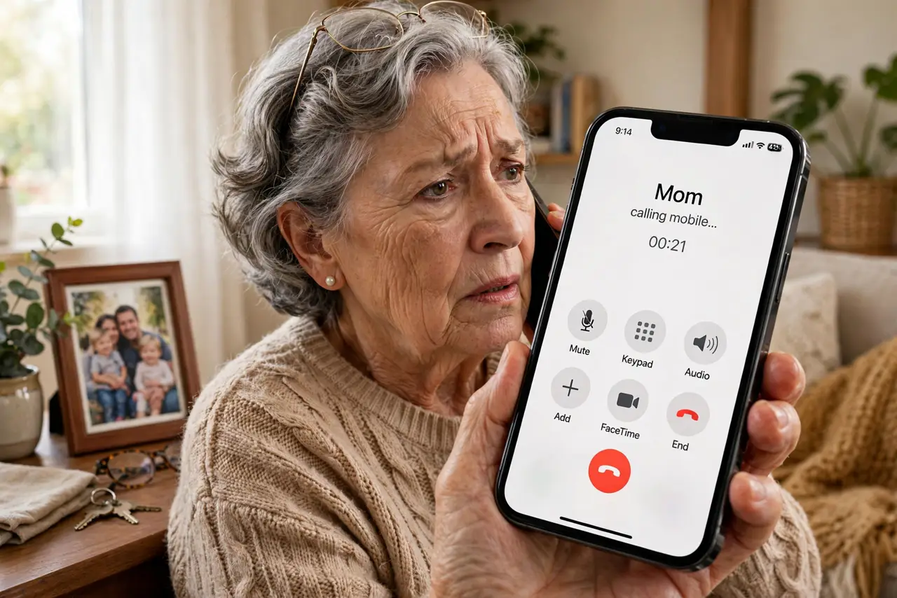 An elderly woman holding a real phone to her ear with a worried expression, a family photo visible on a side table, the woman's face anxious, warm living room.
