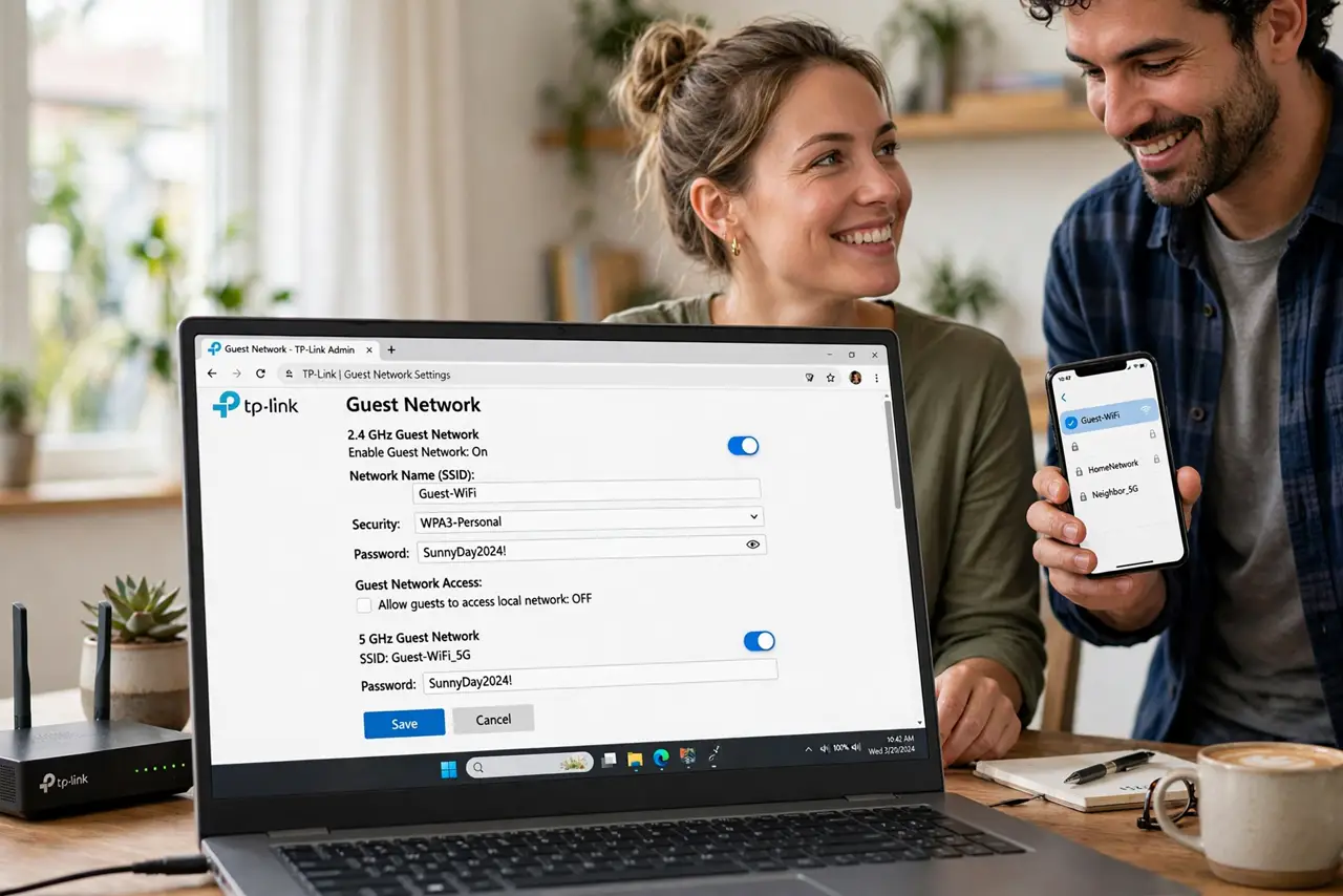A person creating a guest Wi-Fi network on a real router's admin page on a real laptop, the guest settings with legible text, a visiting friend with a phone…