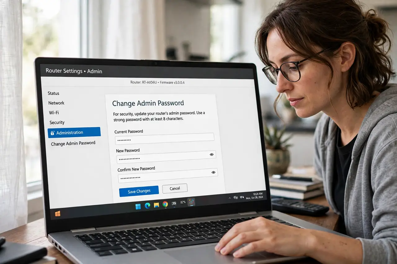 A person carrying out step one: change the router admin password.