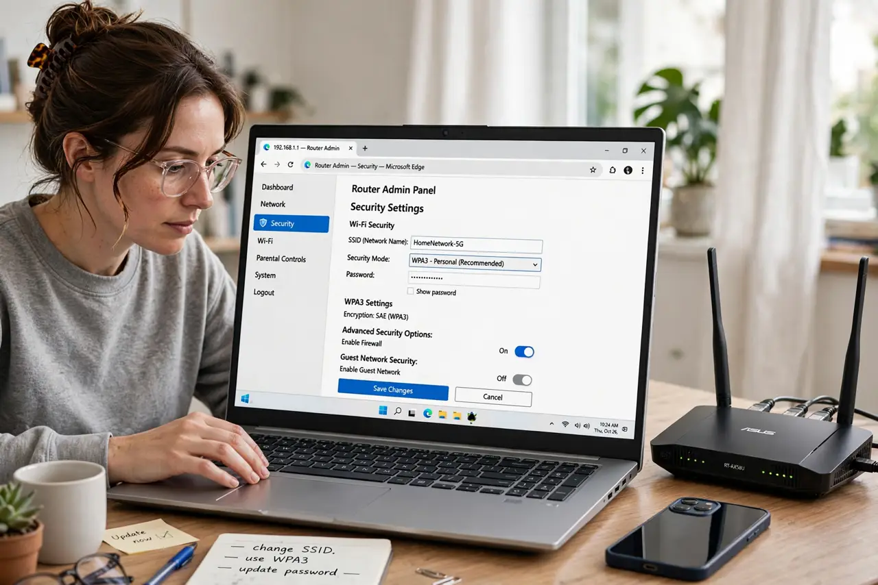 A person configuring a real Wi-Fi router's settings on a real laptop, the admin page showing security options with legible text, a phone nearby, the person's…