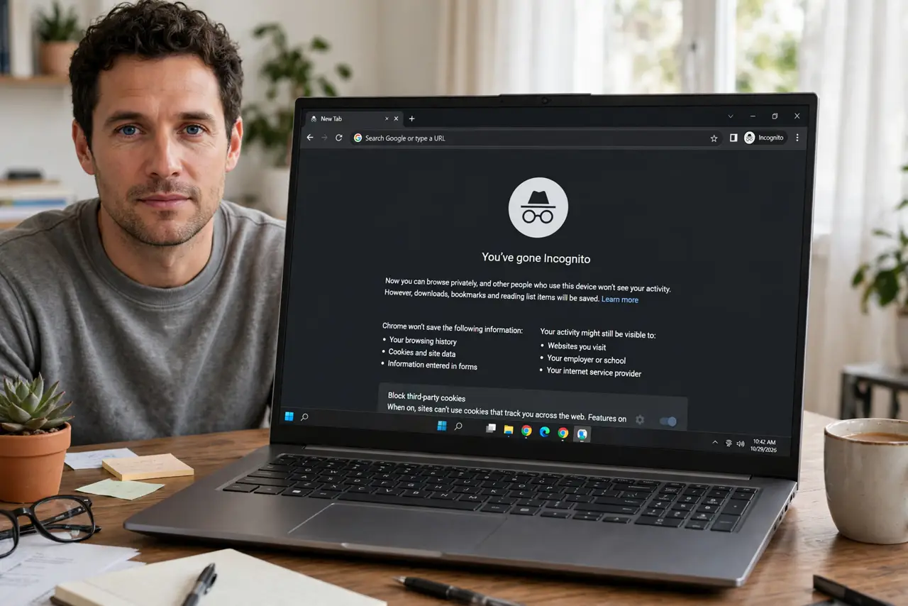 A person at a real laptop showing a legible browser window in incognito mode with the dark new-tab page, the person's face neutral, home desk.