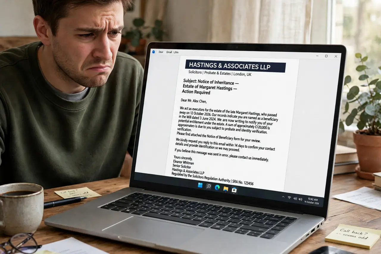 A person looking at a real laptop screen showing a legible email about an inheritance with formal letterhead, the person's face doubtful, home desk.