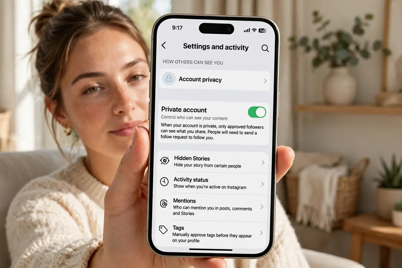 A person holding a real iPhone showing the Instagram privacy settings page with a legible private account toggle, the person's face calm, home.