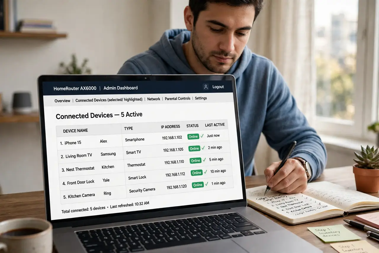 A person carrying out step one: inventory your connected gadgets.
