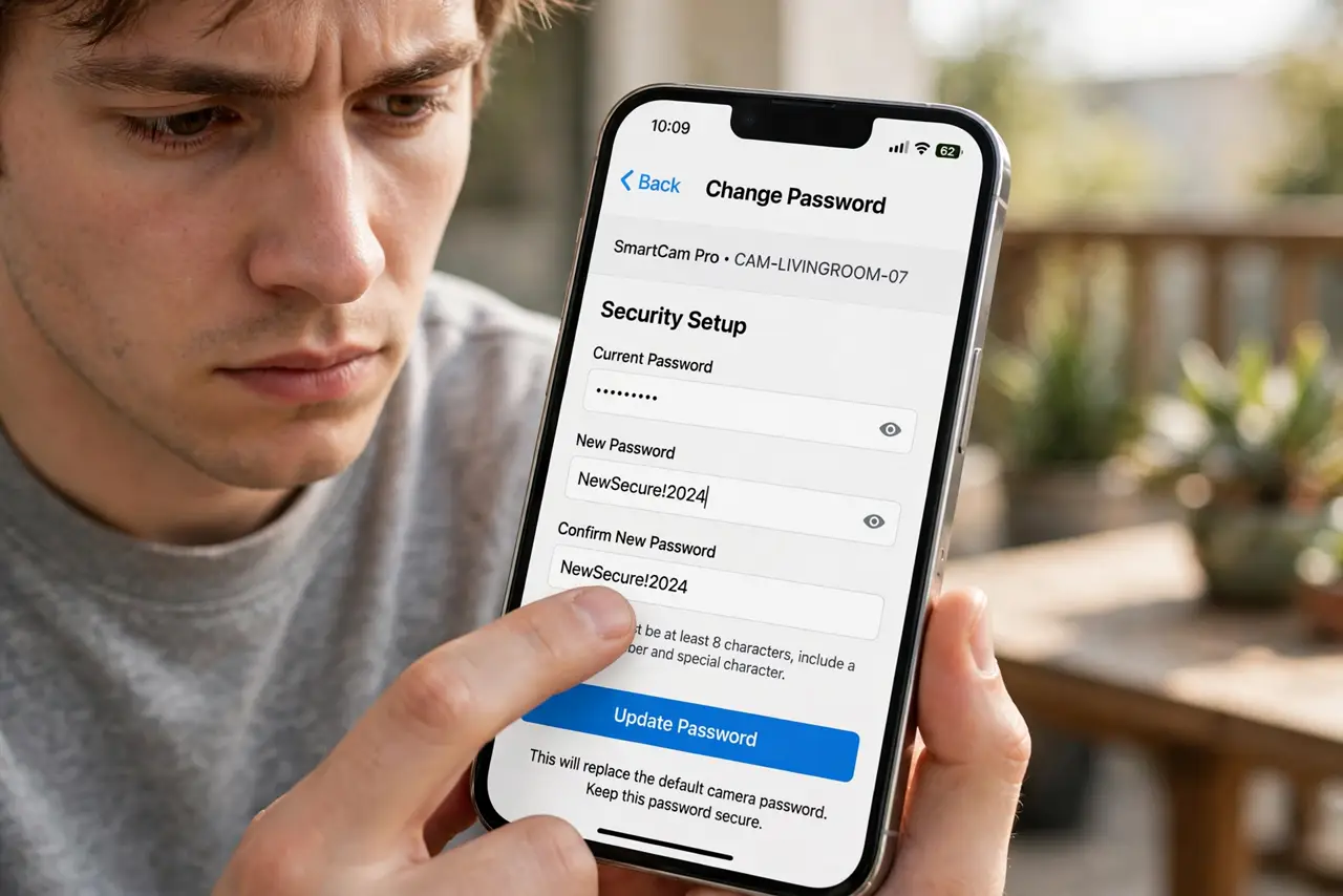 A person changing the default password on a real smart camera's setup page on a real phone, the password fields with legible text, the person's face serious…