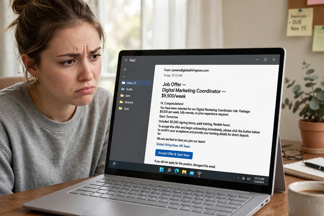 A person looking skeptical at a real laptop showing a too-good-to-be-true job offer email with legible text, the person's face doubtful, home office.