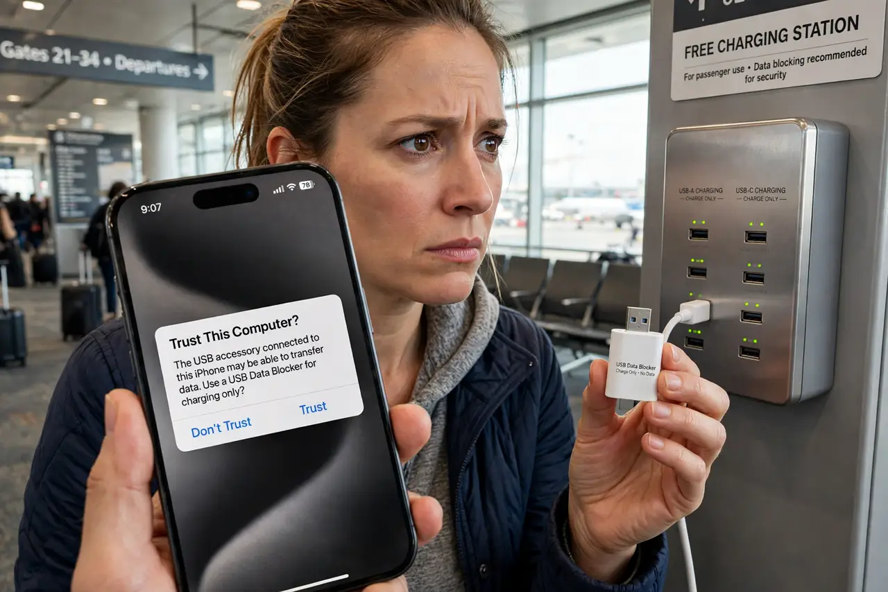 A concerned person looking at a real public USB charging station at an airport, holding a real phone and a small USB data blocker, the person's face cautious…