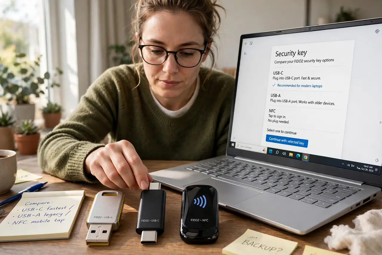 A person performing the first step: Get a FIDO2-compatible key. Look for FIDO2/WebAuthn support — USB-C, USB-A, or NFC models all work. One key can serve.