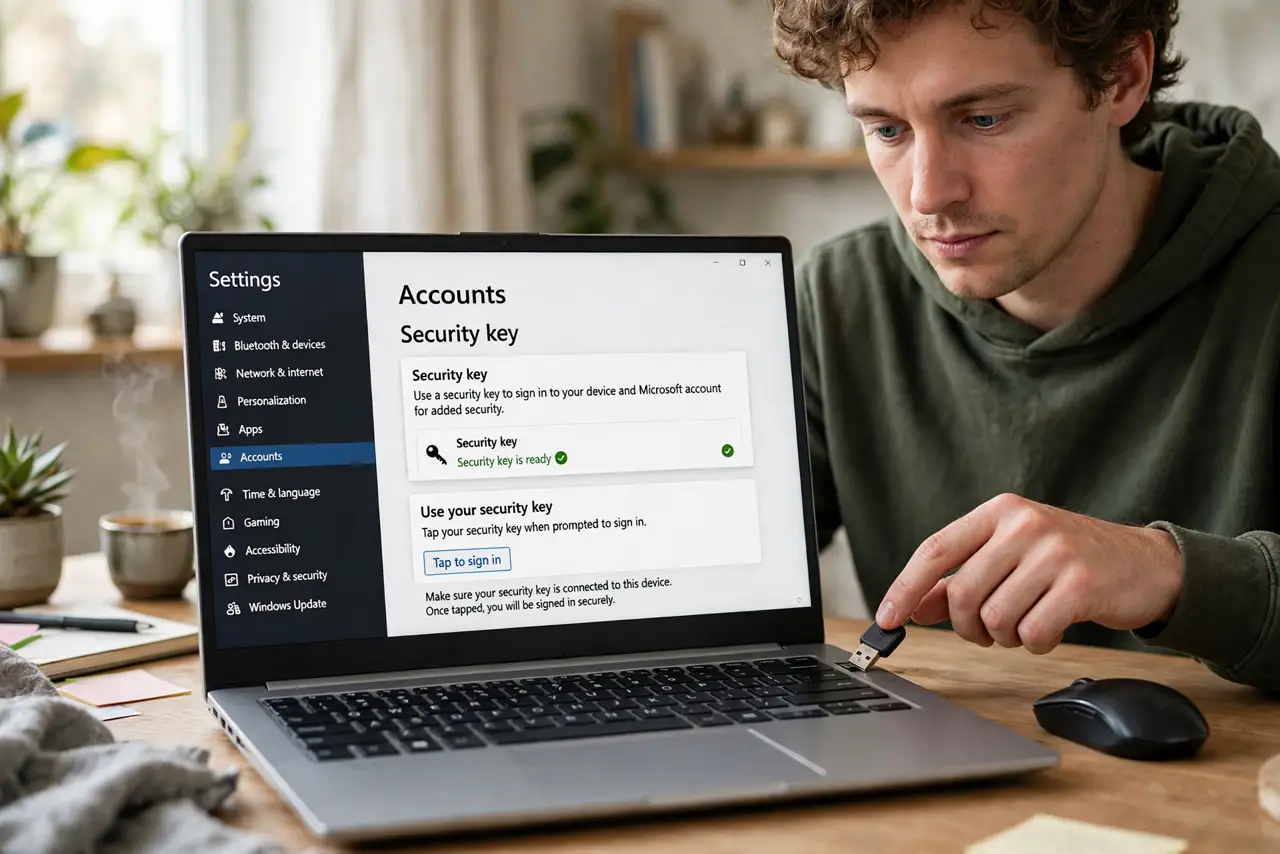 A person's hand tapping a small real USB security key plugged into a real laptop showing a security settings page fully legible, the person's face focused, home desk.