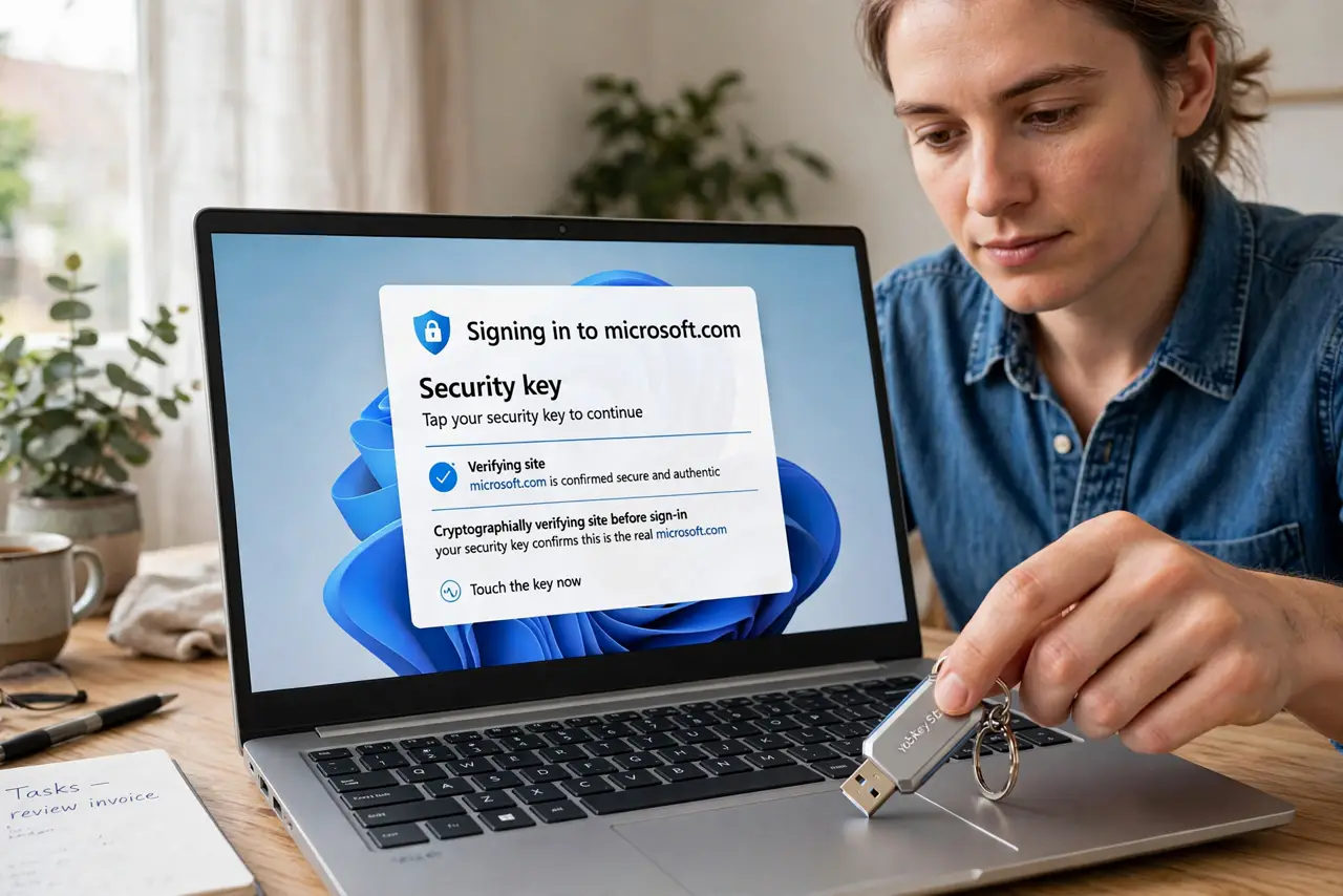 A person performing the first step: Understand the key's edge: phishing-proof. The key cryptographically verifies the site before signing in. A fake login.