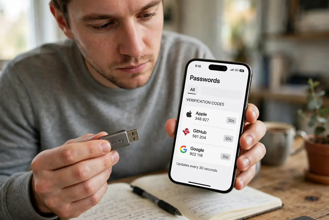 A person comparing a small real USB security key in one hand and a real phone showing an authenticator app with legible codes in the other, the person's face thoughtful, home desk.