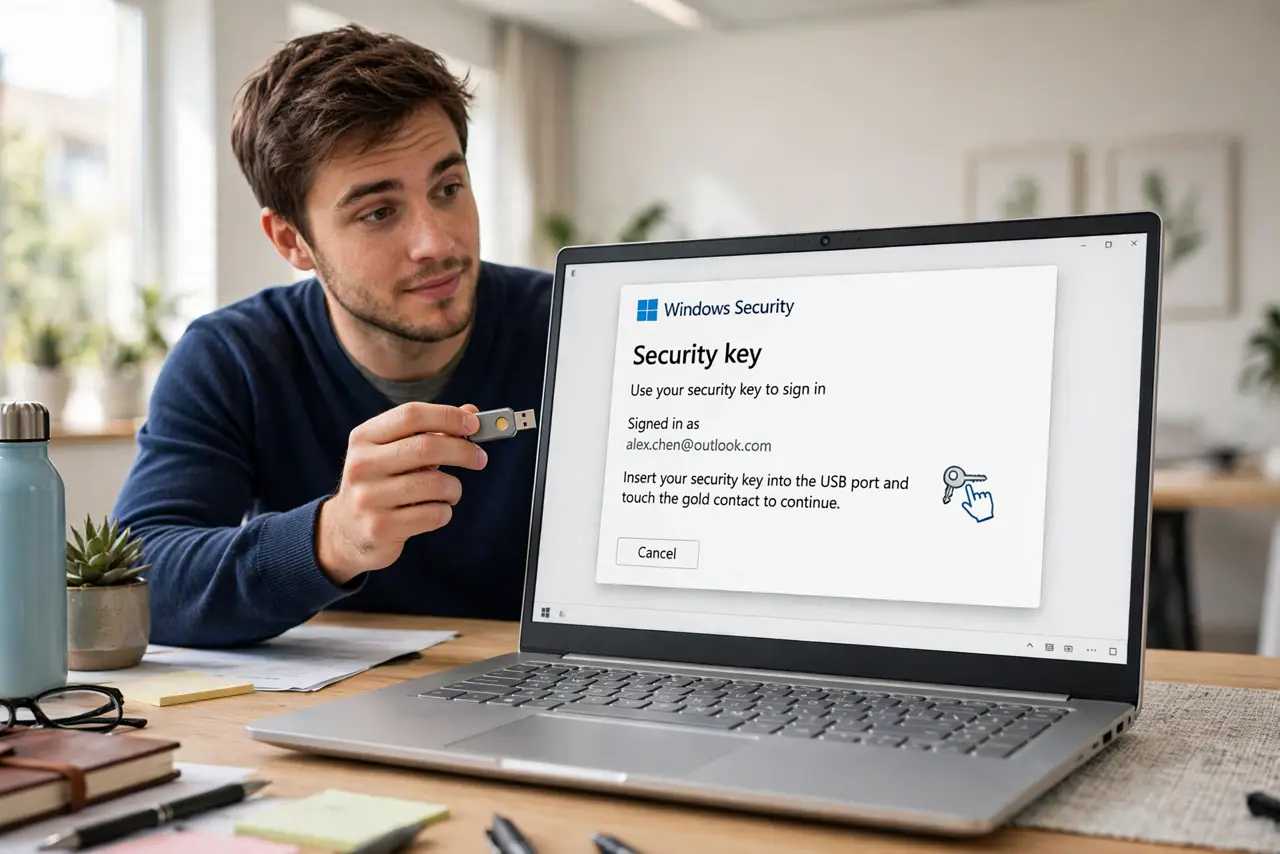 A person holding a small real USB security key next to a real laptop showing a login security prompt legible on screen, the person's face curious and…